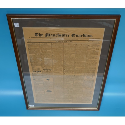 336 - Manchester Guardian 1821 newspaper front page in frame