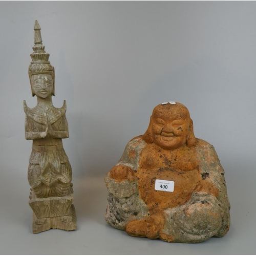 400 - Terracotta Buddha and carved wood deity