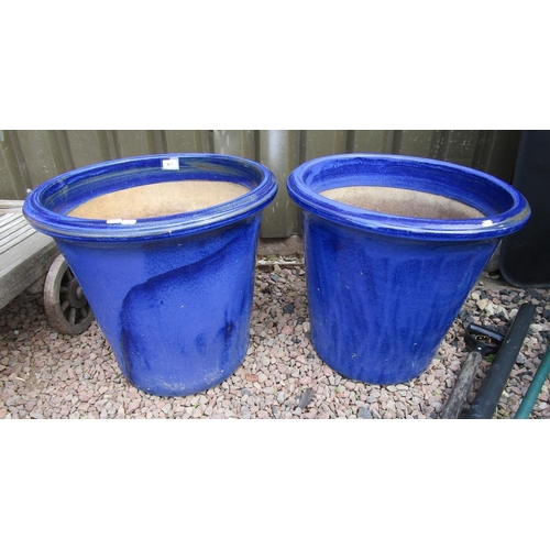 442 - Pair of large blue glazed terracotta planters - Approx height: 50cm