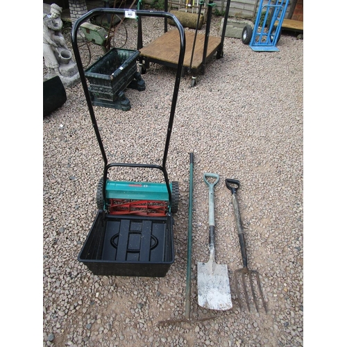 443 - Bosch push mower, fork, spade and rake