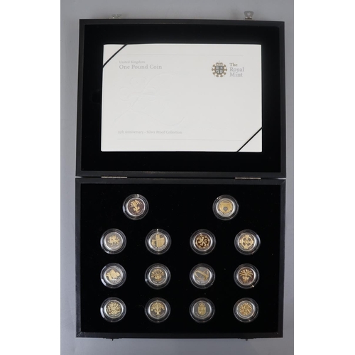 75 - 25th anniversary silver-proof £1 coin collection - 14 coins in total with C.O.A