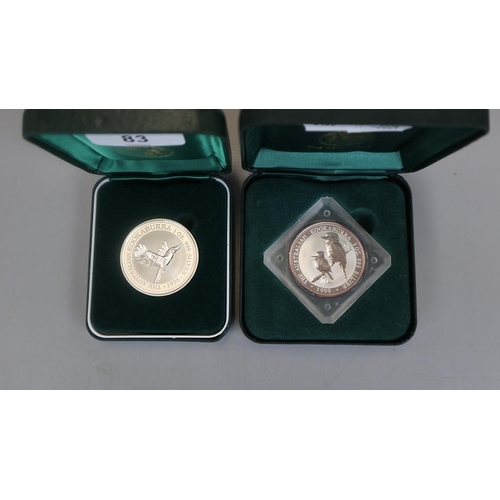 83 - 2 silver proof 1 ounce coins - Kookaburra