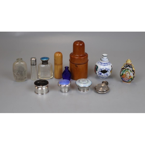 99 - Scent Bottles to include Chinese and Scent Bottle lids of Sterling Silver with Enamel