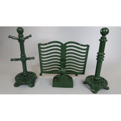 117 - Trio of cast iron kitchen items to include recipe book stand