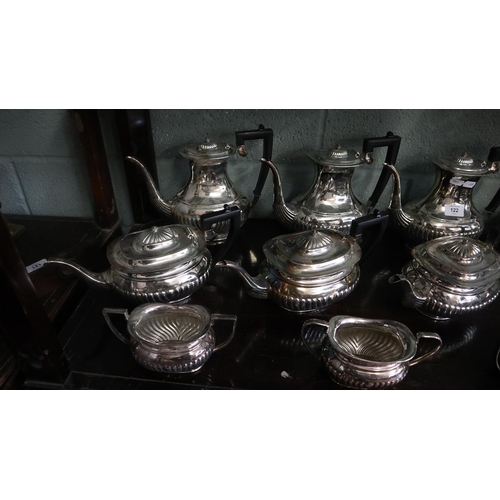 122 - Good collection of silver plate comprising of 5 sets of coffee pots, teapots & sugar bowls