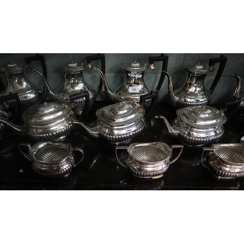 122 - Good collection of silver plate comprising of 5 sets of coffee pots, teapots & sugar bowls