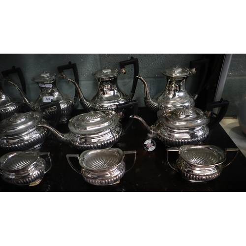 122 - Good collection of silver plate comprising of 5 sets of coffee pots, teapots & sugar bowls