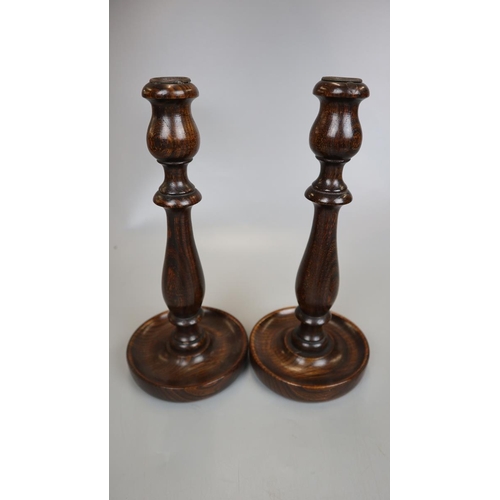 172 - Metal figurine of horse on wooden base together with a pair of turned wooden candlesticks