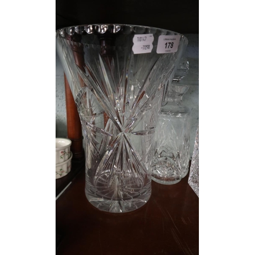 178 - 4 cut glass decanters together with large vase