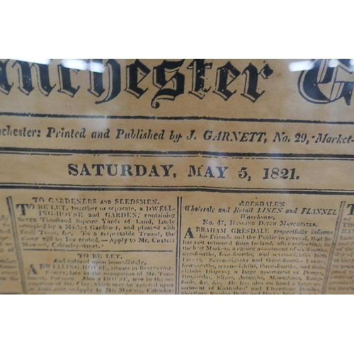 336 - Manchester Guardian 1821 newspaper front page in frame