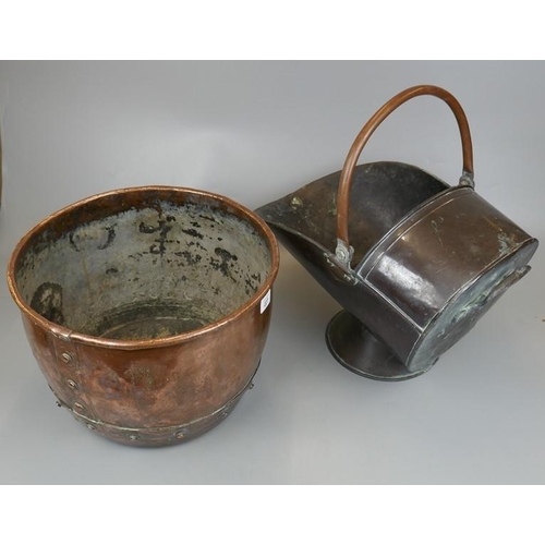 227 - Copper coal scuttle together with a copper log basket