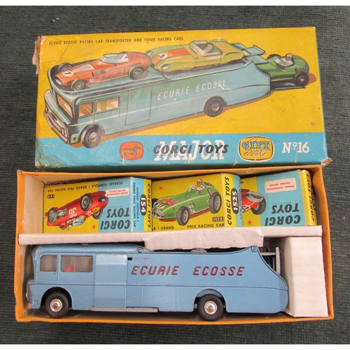 254 - Boxed Corgi Toys Major Ecurie Ecosse racing car transporter and 3 racing cars