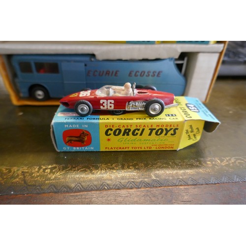 254 - Boxed Corgi Toys Major Ecurie Ecosse racing car transporter and 3 racing cars