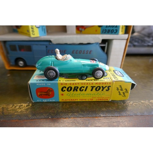 254 - Boxed Corgi Toys Major Ecurie Ecosse racing car transporter and 3 racing cars