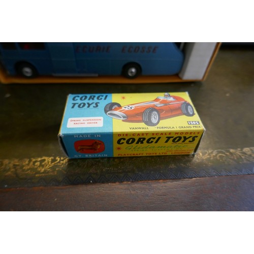 254 - Boxed Corgi Toys Major Ecurie Ecosse racing car transporter and 3 racing cars