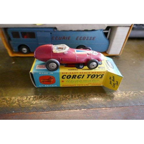 254 - Boxed Corgi Toys Major Ecurie Ecosse racing car transporter and 3 racing cars