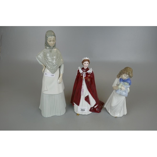 209 - 3 figurines to include a Royal Worcester Queen Elizabeth II and Lladro Nao