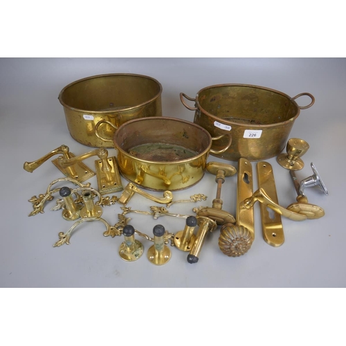 226 - Collection of brass door handles and brass pots