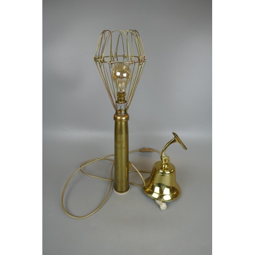 255 - Brass bell together with brass shell lamp