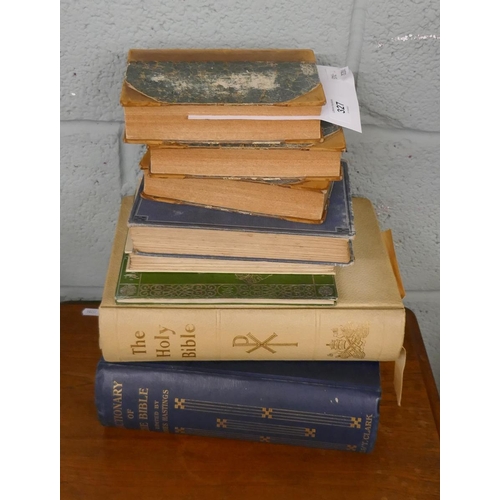 327 - Collection of books to include Sharps Peerage volumes 1-3 & a Bible