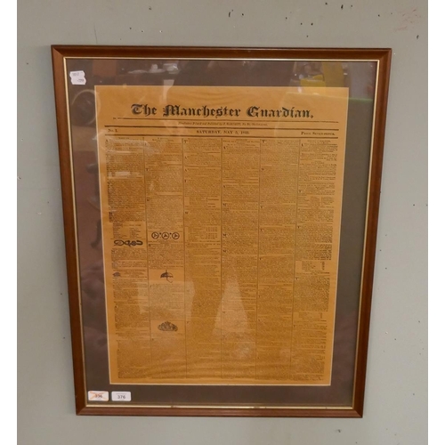 376 - Manchester Guardian 1821 newspaper front page in frame