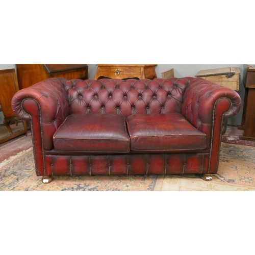 381 - Ox blood leather Chesterfield 2 seater sofa