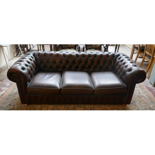 384 - Brown leather Chesterfield 3 seater sofa