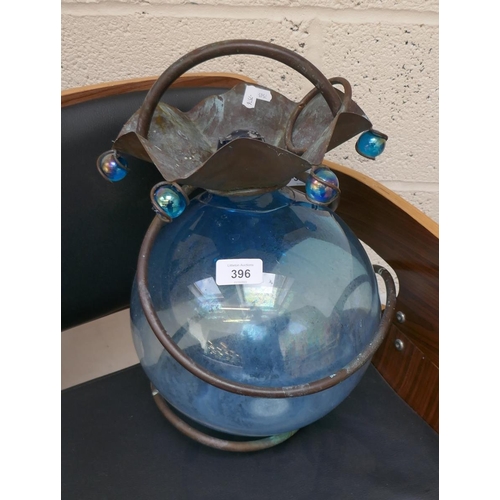 396 - Hanging blue glass orb lamp