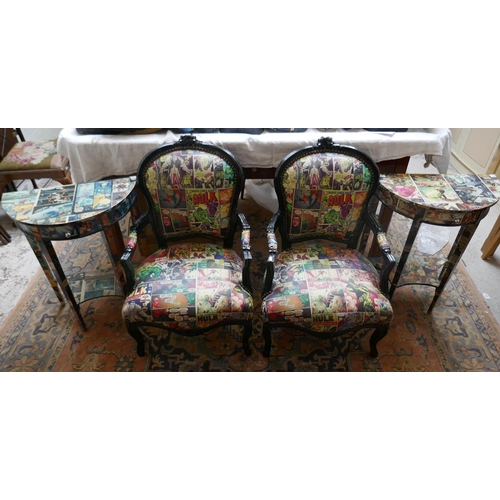 401 - Pair of comic themed Queen Anne style chairs together with demi-lune tables