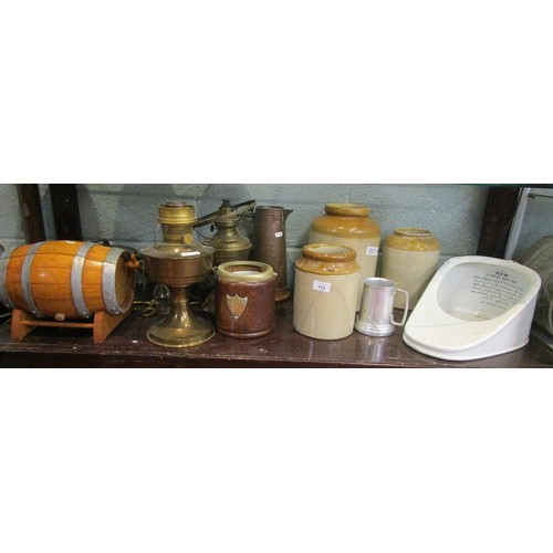 151 - Collection of brass and ceramics to include oil lamps