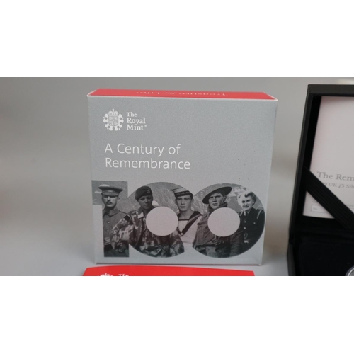 110 - Set of 5 Remembrance Day coins - UK £5 silver proof coins