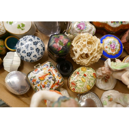 144 - Collection of pill boxes etc to include 4 Capodimonte figures