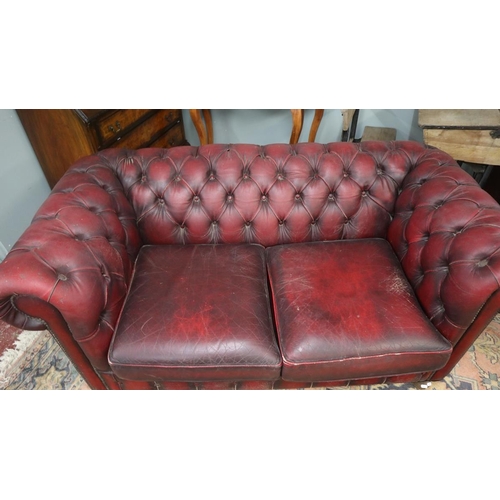 381 - Ox blood leather Chesterfield 2 seater sofa