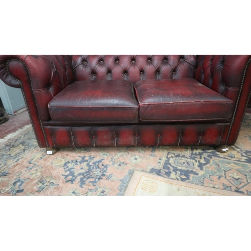 381 - Ox blood leather Chesterfield 2 seater sofa