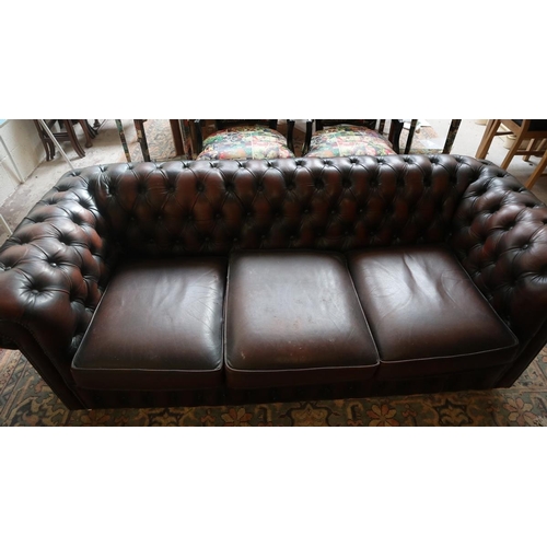 384 - Brown leather Chesterfield 3 seater sofa