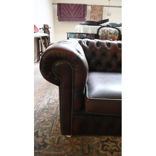 384 - Brown leather Chesterfield 3 seater sofa