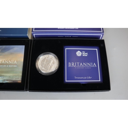 98 - Britannia 1 ounce silver proof coin, Britannia £50 fine silver coin together with 2 Britannia 1 ounc... 