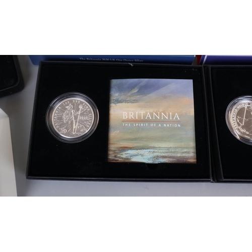 98 - Britannia 1 ounce silver proof coin, Britannia £50 fine silver coin together with 2 Britannia 1 ounc... 