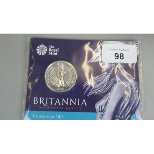 98 - Britannia 1 ounce silver proof coin, Britannia £50 fine silver coin together with 2 Britannia 1 ounc... 