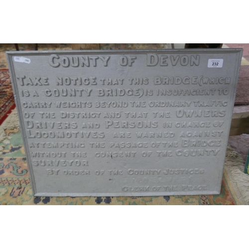 232 - County of Devon cast iron sign - Approx size: 60cm x 45cm