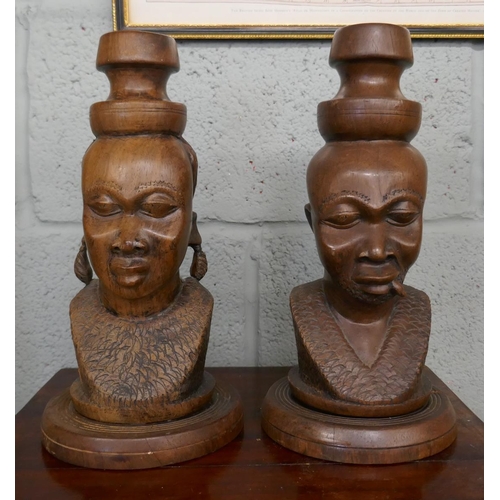 252 - Pair carved African tribal heads - Approx height: 29.5cm