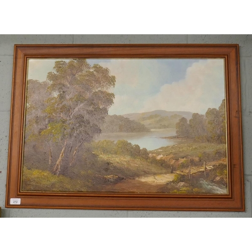 272 - Oil on canvas - Lake scene - H. Chilton - Approx image size: 75cm x 50cm