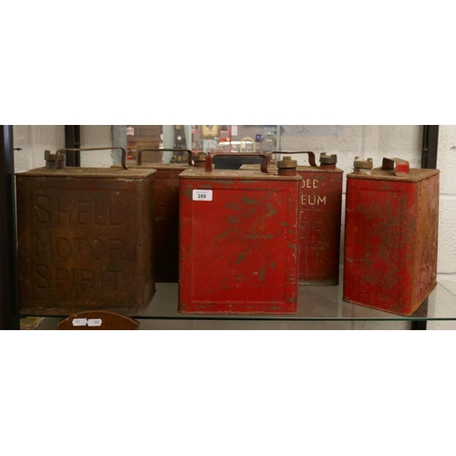 289 - 5 vintage fuel cans to include Shell