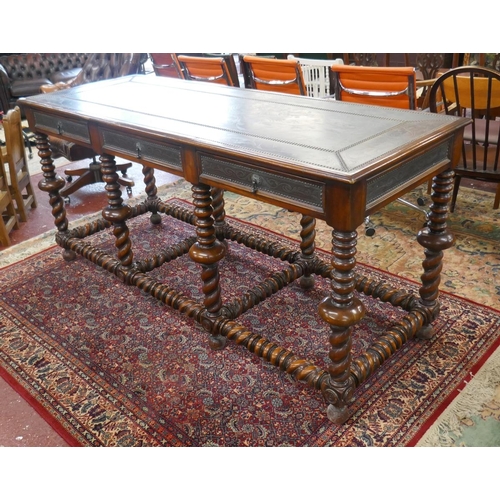 340 - Antique walnut serving table with beaten bronze top and drawer fronts - Size L: 203cm D: 77cm H: 93c... 