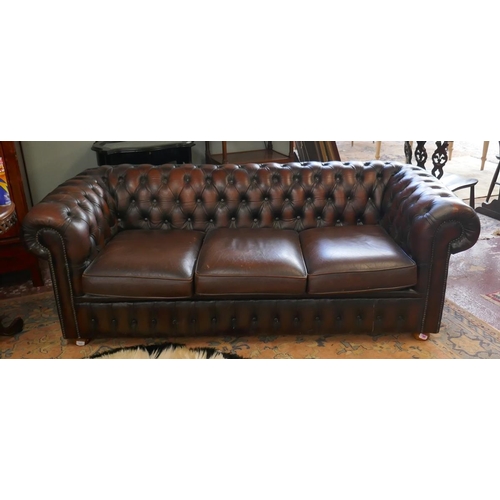 343 - Brown leather Chesterfield 3 seater sofa