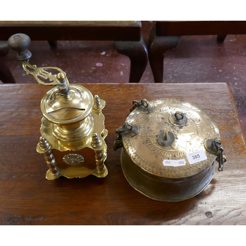 385 - Brass coffee grinder together with brass Indian cooking pot for chapati