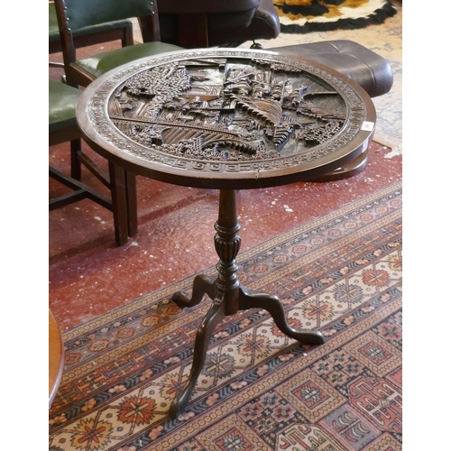 388 - Carved eastern hardwood tripod table - Oriental theme