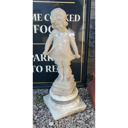 414 - Stone statue of girl on plinth - Charlotte - Approx height: 77cm