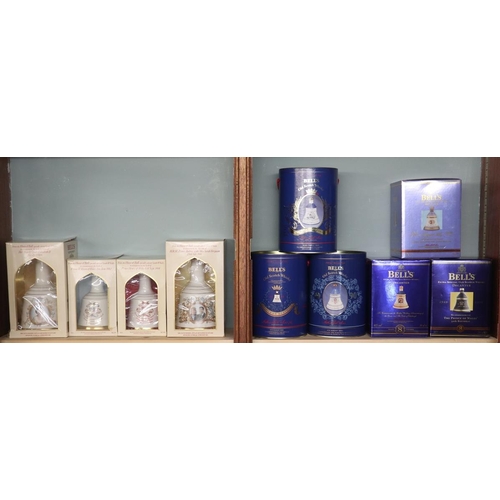 97 - Large collection of Royal themed Bells Whiskey in decanters and boxed (all full)