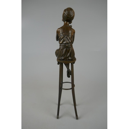 131 - Bronze figure of lady on stool - Approx height: 27cm